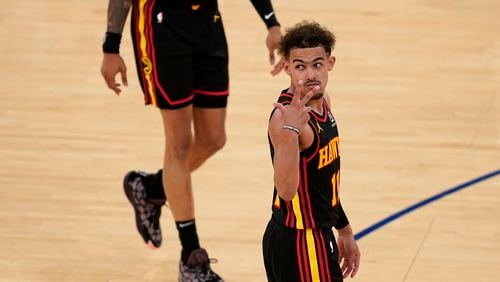 Atlanta Hawks' Trae Young gestures during the second half of Game 1 first-round playoff series against the New York Knicks, Sunday, May 23, 2021, in New York. (Seth Wenig/AP)