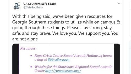Several Twitter pages have been created in recent weeks encouraging current and former students to share their accounts if they were sexually harassed or assaulted. This screenshot shows a post created for Georgia Southern University students to share their stories, along with resources for survivors to get help. The colleges and universities have no involvement with the sites.