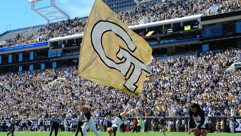 ATLANTA, GA - OCTOBER 13: Georgia Tech Yellow Jackets Cheerleaders celebrate after a touchdown against the Duke Blue Devils on October 13, 2018 in Atlanta, Georgia. (Photo by Scott Cunningham/Getty Images)
