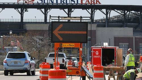 March 23, 2017, Atlanta: Traffic negotiates closed lanes as construction continues on Windy Ridge Parkway to SunTrust Park on the bridge over I-75 on Thursday, March 23, 2017, in Atlanta.   Curtis Compton/ccompton@ajc.com