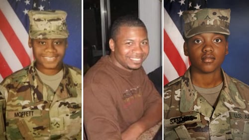 The Department of Defense announced Monday, Jan. 29, 2024, that Spc. Breonna Alexsondria Moffett of Savannah, Sgt. William Jerome Rivers of Carrollton and Spc. Kennedy Ladon Sanders of Waycross died Sunday in Jordan when a one-way unmanned aerial system impacted their container housing units. (Contributed photos)