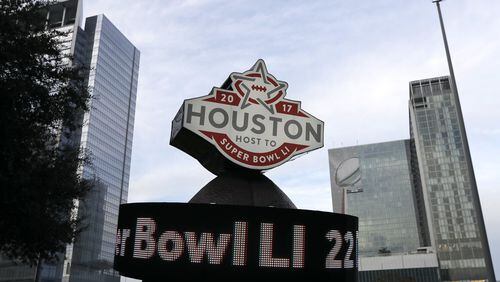 A sign in Discovery Green park in downtown Houston counts down to Super Bowl LI. The Atlanta Falcons will play the New England Patriots at NRG Stadium Feb. 5. AP Photo/David J. Phillip