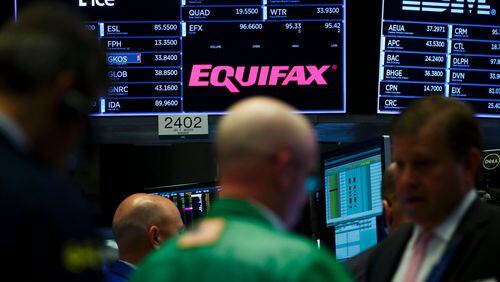 A view of a sign for the company Equifax on the floor of the New York Stock Exchange in New York, New York, USA, on 15 September 2017.