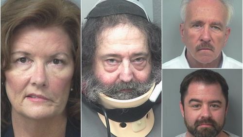 Gwinnett Superior Court Judge Kathryn Schrader (left); DragonCon co-founder Ed Kramer; private investigator TJ Ward (top right); and Frank Karic (bottom right) were all charged in connection with a hacking case set at the Gwinnett County courthouse. (Gwinnett County Sheriff’s Office mugshots)
