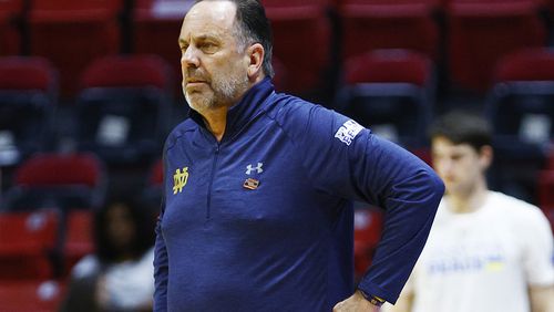 Notre Dame head coach Mike Brey looks on during action against Texas Tech in the second round of the NCAA Tournament at Viejas Arena on March 20, 2022, in San Diego. (Ronald Martinez/Getty Images/TNS)
