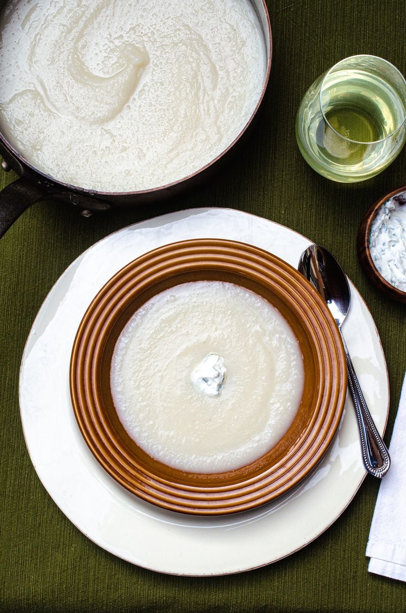 Turnip Soup with Chive Cream: Earthy, rich turnip soup is crowned with sharp chive cream. (Virginia Willis for The Atlanta Journal-Constitution)
