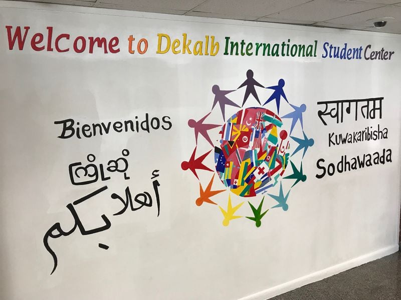 The welcome wall inside the International Student Center is written in different languages. (MARLON A. WALKER/ marlon.walker@ajc.com)