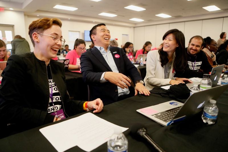 Entrepreneur Andrew Yang participated in an effort to send text messages warning voters that their registrations could be canceled in Georgia on Thursday, Nov. 21, 2019. BOB ANDRES / ROBERT.ANDRES@AJC.COM
