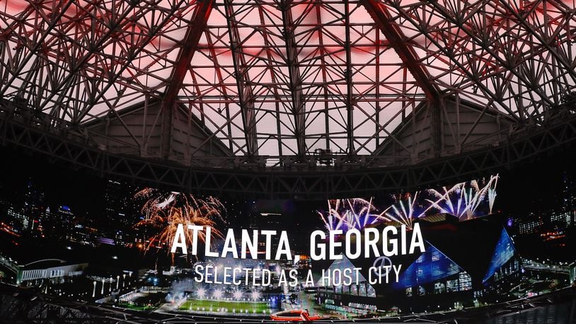 Mercedes-Benz Stadium's 360-degree video board helped announce Atlanta's selection as a host city for the 2026 World Cup on June 16, 2022. Atlanta also is bidding to host other sports mega-events later this decade. (Curtis Compton / Curtis.Compton@ajc.com)