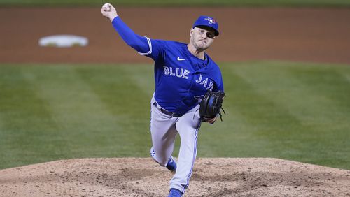 Toronto Blue Jays pitcher Ty Tice during a baseball game against the Oakland Athletics in Oakland, Calif., Tuesday, May 4, 2021. (AP Photo/Jeff Chiu)