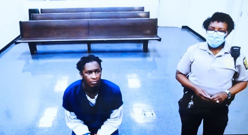 Atlanta rapper Young Thug, whose real name is Jeffery Williams, awaits a virtual appearance before a Fulton County Magistrate judge on Tuesday, May 10, 2022. (Arvin Temkar / arvin.temkar@ajc.com)