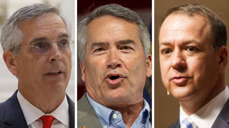 The Republican Party primary for Georgia's top elections official includes, from left, Secretary of State Brad Raffensperger, U.S. Rep. Jody Hice and former Alpharetta Mayor David Belle Isle.