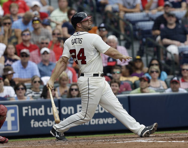 Atlanta Braves Evan Gattis bats against the Cincinnati Reds in a baseball game Sunday, July 14, 2013 in Atlanta. (AP Photo/John Bazemore) Evan Gattis was traded to the Astros Jan. 14 for three prospects, all of whom rank among the Braves' updated Top 20 prospects list according to Baseball America. (AJC file photo)