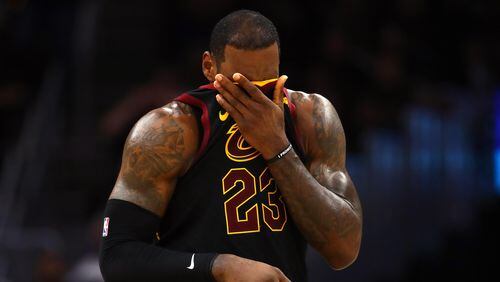 LeBron James #23 of the Cleveland Cavaliers reacts against the Golden State Warriors in the second half during Game Three of the 2018 NBA Finals at Quicken Loans Arena on June 6, 2018 in Cleveland, Ohio.  (Photo by Gregory Shamus/Getty Images)