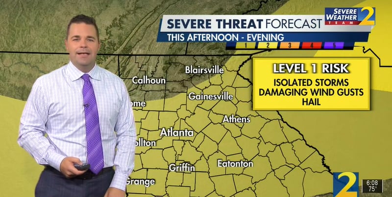 The National Weather Service considers metro Atlanta and areas to the south to be at a low-end Level 1 risk of severe weather on Monday afternoon.
