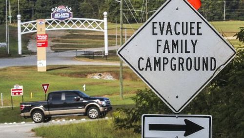 Ahead of Hurricane Michael making landfall, the Atlanta Motor Speedway is opening its campgrounds to evacuees. This photo from Sept. 12, 2018 shows a truck speeding into the speedway’s campgrounds during Hurricane Florence.