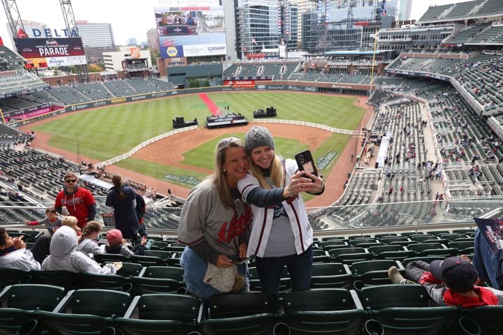 Meredith Phillips and Stephanie Freeman from Marietta take a selfie at the upper level at Truist Park. The park opens the stadium to the public to celebrate the World Series Championship 2021on Friday, November 5, 2021.Miguel Martinez for The Atlanta Journal-Constitution