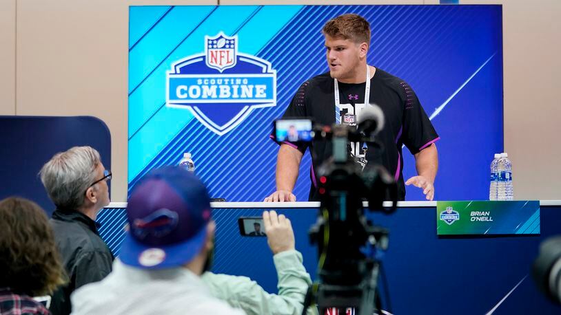 INDIANAPOLIS, IN - MARCH 01: Pittsburgh offensive lineman Brian O'Neill speaks to the media during NFL Combine press conferences at the Indiana Convention Center on March 1, 2018 in Indianapolis, Indiana. (Photo by Joe Robbins/Getty Images)