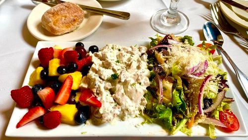 The chicken salad at Petite Violette comes with greens and fruit salad. Courtesy of Tracy Markowski