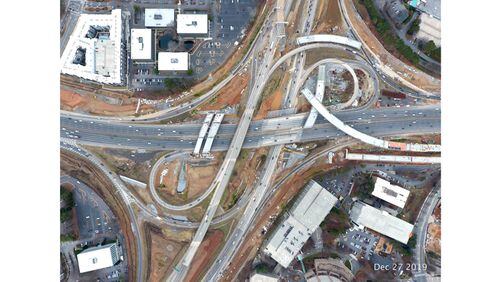 Overhead view depicts the state of construction as of December, 2019, of the I-285/Ga. 400 project in the Perimeter area of North Fulton and DeKalb counties. GEORGIA DEPARTMENT OF TRANSPORTATION