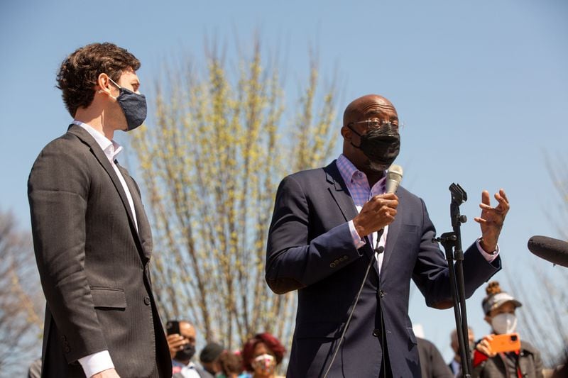 U.S. Sen. Raphael Warnock, right, shown with U.S. Jon Ossoff at a rally in March, has consolidated Democratic Party support behind his reelection effort in 2022. He has also built a campaign fund of nearly $6 million. (Photo: Steve Schaefer for The Atlanta Journal-Constitution)
