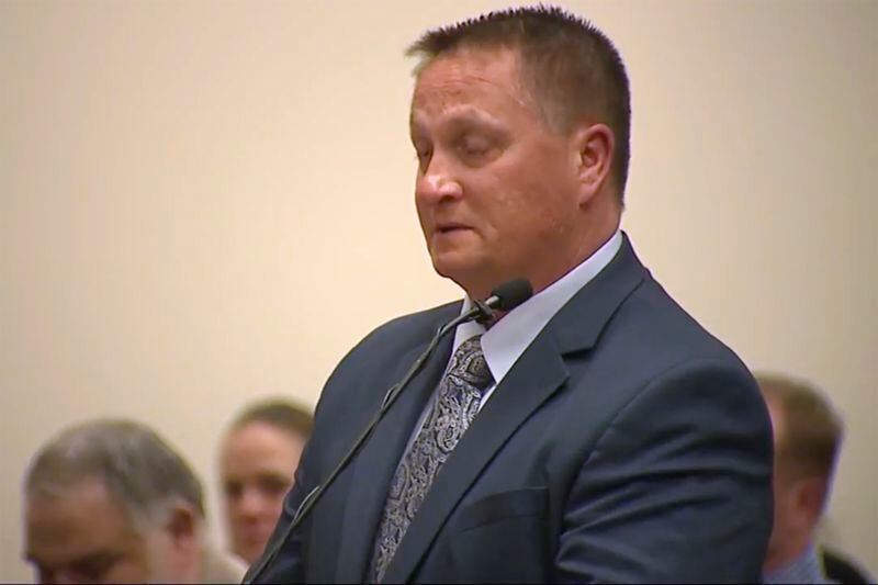 Former paramedic Jeremy Cooper, who injected Elijah McClain with ketamine before his death, speaks in court during his sentencing, Friday, April 26, 2024, in the Brighton, Colo. Cooper was convicted last year of criminally negligent homicide in the Black man's death, which helped fuel the 2020 social justice protests. (ABC News One/Pool via AP)