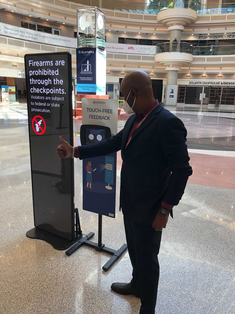 Hartsfield-Jackson is testing new touch-free survey devices which can detect thumbs up or thumbs down signs for survey responses. Source: Avius