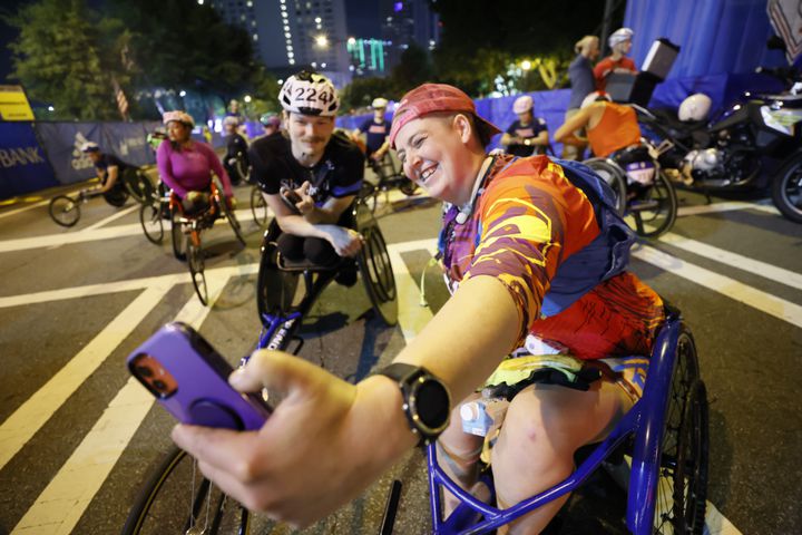 Wheelchair racers get ready for the 53rd running of the Atlanta Journal-Constitution Peachtree Road Race in Atlanta on Sunday, July 3, 2022. (Miguel Martinez / Miguel.Martinezjimenez@ajc.com)