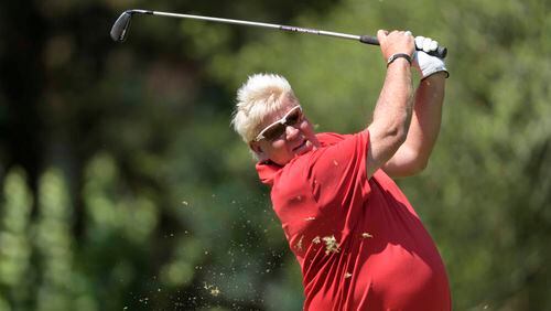John Daly teeing off from the 17th tee during the third round of the Insperity Invitational golf tournament on Sunday, May 7, 2017, in The Woodlands, Texas. (Wilf Thorne/Houston Chronicle via AP)