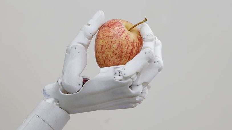 In this Sept. 28, 2017, photo, Hanson Robotics' flagship robot Sophia, a lifelike robot powered by artificial intelligence, holds an apple in Hong Kong. Sophia is a creation of the Hong Kong-based startup working on bringing humanoid robots to the marketplace. Founder David Hanson envisions a future in which AI-powered robots evolve to become super-intelligent genius machines that can help solve mankinds most challenging problems.
