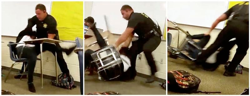 This three image combo made from video taken by a Spring Valley High School student on Monday, Oct, 26, 2015, shows Senior Deputy Ben Fields trying to forcibly remove a student from her chair after she refused to leave her high school math class, in Columbia S.C. The Justice Department opened a civil rights investigation Tuesday after Fields flipped the student backward in her desk and tossed her across the floor. (AP Photo)