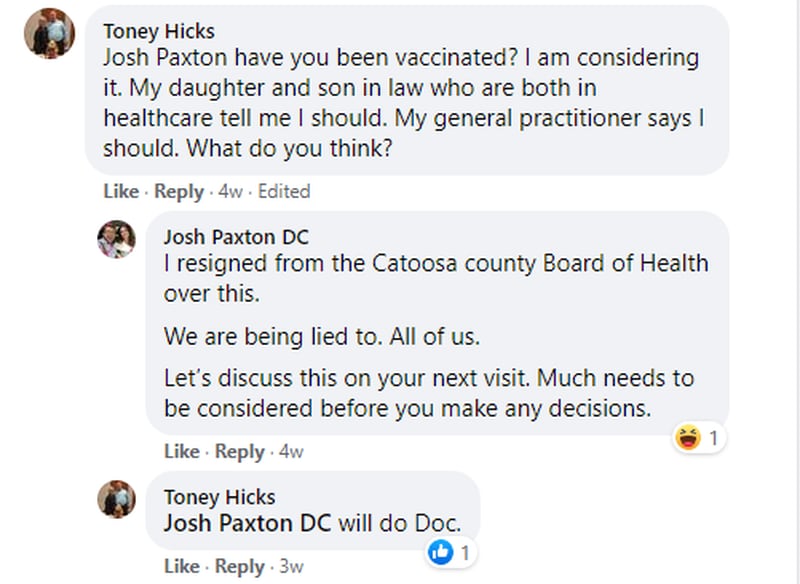 Catoosa County chiropractor Josh Paxton had this conversation on Facebook with Toney Hicks, a 78-year-old patient. At the time, Hicks's family wanted him to take a COVID vaccine, but he remained undecided. (Special)