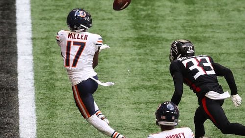 Bears wide receiver Anthony Miller gets past Atlanta Falcons cornerback Blidi Wreh-Wilson for what proved to be the winning touchdown during the fourth quarter Sunday, Sept. 27, 2020, at Mercedes-Benz Stadium in Atlanta. Chicago won 30-26. (Curtis Compton / Curtis.Compton@ajc.com)