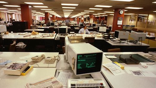 The old Journal-Constitution newsroom at 72 Marietta Street in Atlanta as it appeared 40 years ago when Mark Bradley joined the staff as a sportswriter in March 1984. AJC file photo