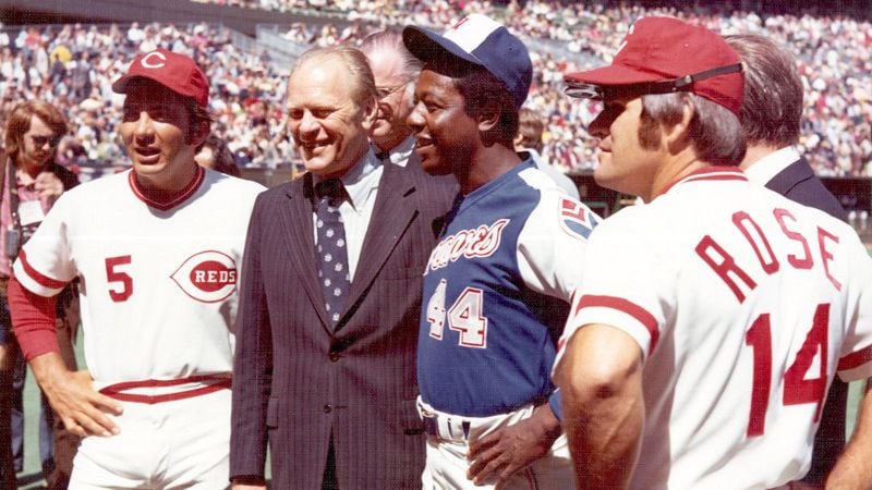 In 1974, then-Vice President Gerald Ford attended the opener in Cincinnati and saw Hank Aaron tie Babe Ruth’s career home run record with No. 714. Johnny Bench (5) and Pete Rose (14) were on the 1974 Reds.