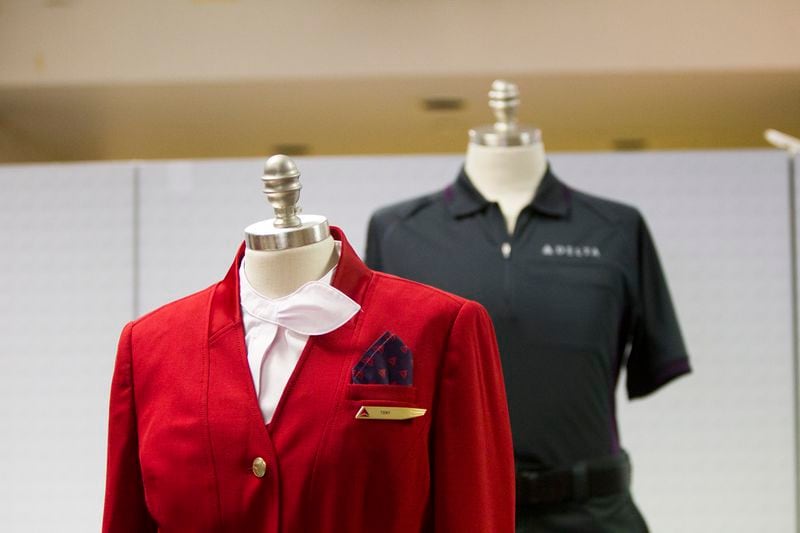 New Delta Airlines uniforms are out on display during the uniform fitting for Delta employees at Hartsfield-Jackson Atlanta International Airport in Atlanta, Georgia, on Wednesday, February 7, 2018. (REANN HUBER/REANN.HUBER@AJC.COM)