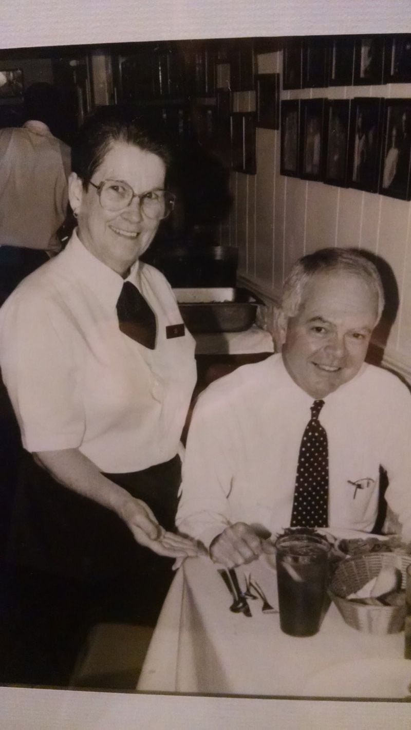 Jo Carter, shown with a Mary Mac’s Tea Room patron in 1993, started at the restaurant that year. CONTRIBUTED BY MARY MAC’S TEA ROOM