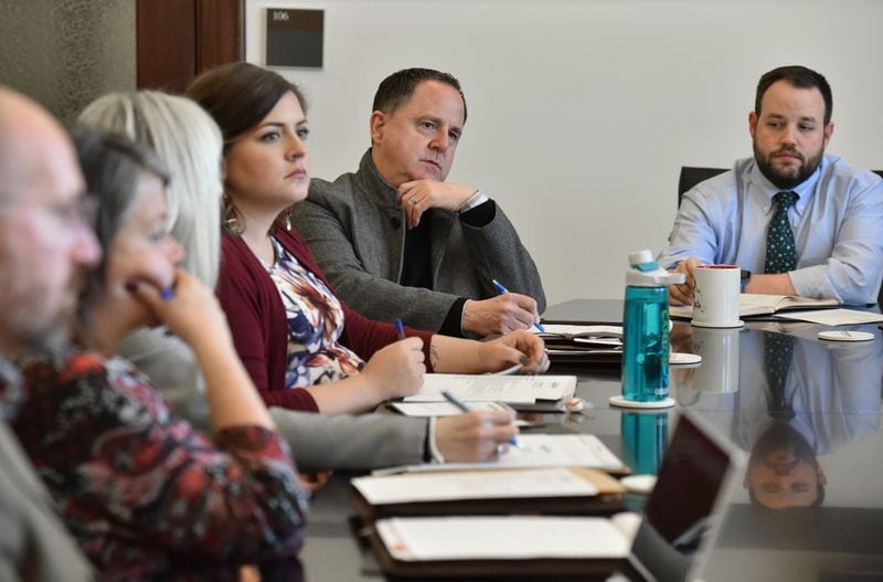 December 18, 2019 Canton - Canton mayor-elect Bill Grant (second from right) and City Manager Billy Peppers (right) discuss during staff meeting at Canton City Hall in Canton on Wednesday, December 18, 2019. The city of Canton has elected its first openly gay mayor. Bill Grant is a former council member, local business owner and community volunteer who, along with others, have tried to get the city's downtown become more vibrant. He follows long-time Mayor Gene Hobgood, who decided not to seek a fourth term in office. (Hyosub Shin / Hyosub.Shin@ajc.com)