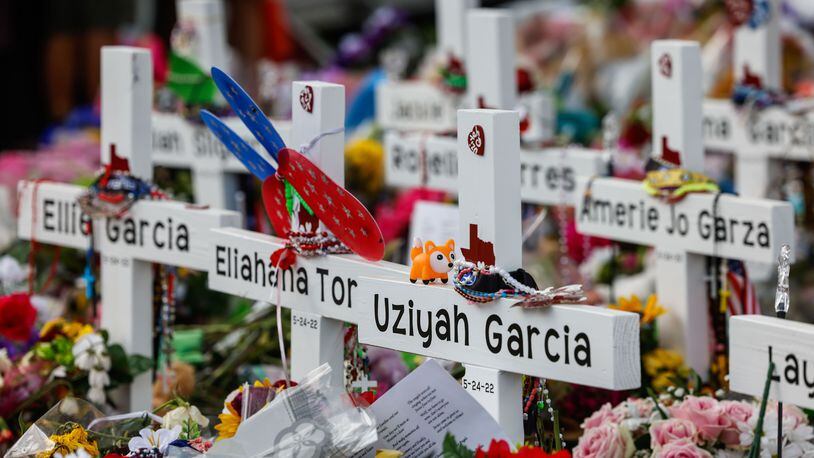 A memorial for the 19 children and two adults killed May 24 at Robb Elementary School in Uvalde, Texas, is a reminder of a sad reality in America. (Lola Gomez / Tribune News Service)