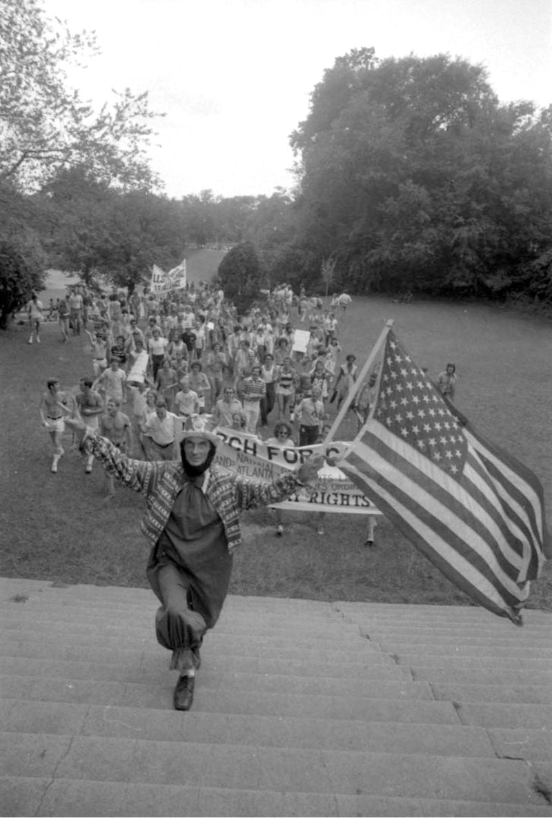 Marchers continue through Piedmont Park during the Atlanta Pride march on June 25, 1977. (Jerome McClendon / AJC Archive at GSU Library AJCN015-026s)