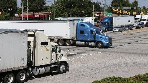 Commercial trucks fill Fulton Industrial Boulevard in October.