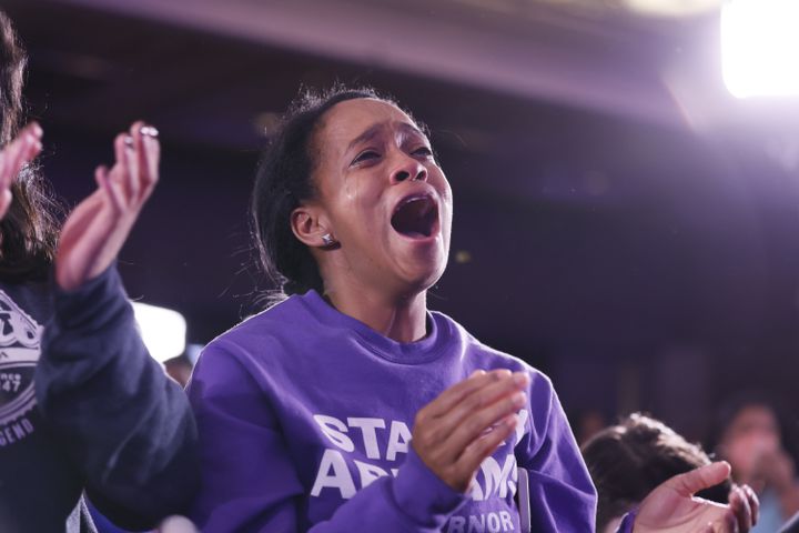 Imani Franklin reacts with emotions as she hears Stacey Abrams's speech conceding her defeat for the second time to the race for governor.
Miguel Martinez / miguel.martinezjimenez@ajc.com
