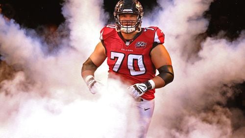 122815 ATLANTA: Falcons tackle Jake Matthews takes the field to play the Panthers in a football game on Sunday, Dec. 27, 2015, in Atlanta. Curtis Compton / ccompton@ajc.com