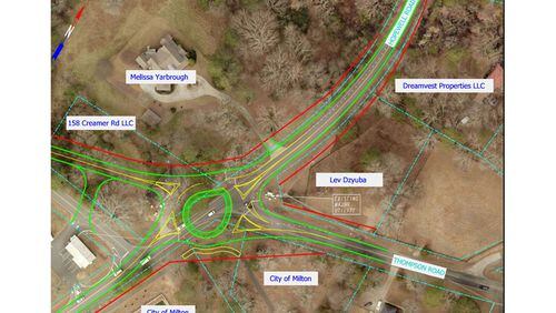 Map depicts proposed improvements to the intersection of Hopewell and Thompson roads in Milton. The City Council has approved a $100,000 task order for pre-construction and right-of-way acquisition services for three intersection projects along Hopewell. CITY OF MILTON