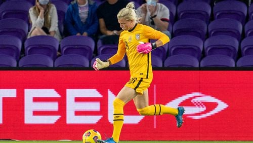 ORLANDO, FL - FEBRUARY 24: Jane Campbell #18 of the USWNT passes the ball during a game between Argentina and USWNT at Exploria Stadium on February 24, 2021 in Orlando, Florida.