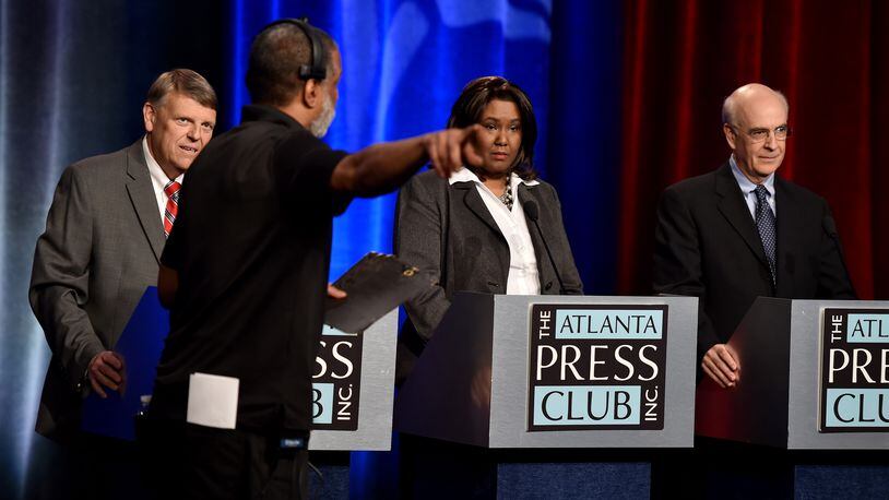 U.S. Senate candidate Jim Barksdale, right, and his two Democratic primary opponents at an Atlanta Press Club debate this spring. BRANT SANDERLIN/BSANDERLIN@AJC.COM