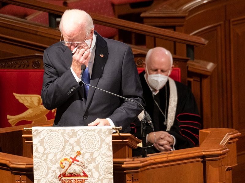 Former U.S. Sen. Saxby Chambliss, who first met Johnny Isakson when they were students at the University of Georgia, dabs his eyes while talking about his old friend at Thursday's funeral at Peachtree Road United Methodist Church. Ben Gray for the Atlanta Journal-Constitution
