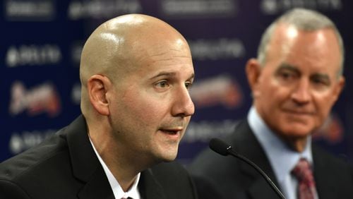 October 1, 2015 Atlanta - New general manager John Coppolella speaks as Braves president of baseball operations John Hart looks during a press conference at Turner Field on Thursday, October 1, 2015. The Atlanta Braves have promoted John Coppolella to general manager following three seasons as assistant GM. The move was announced on Thursday by Braves president of baseball operations John Hart. The team said in a statement Coppolella has agreed to a four-year contract through the 2019 season, a term that will include the Braves' first three seasons at their new SunTrust Park. HYOSUB SHIN / HSHIN@AJC.COM