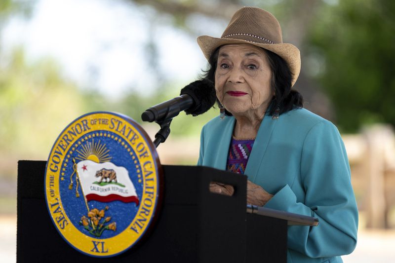 American labor leader and civil rights activist Dolores Huerta speaks during the dedication of the new Dos Rios State Park in the Central Valley, near Modesto, Calif., Monday, April 22, 2024. (Paul Kitagaki Jr./The Sacramento Bee via AP)