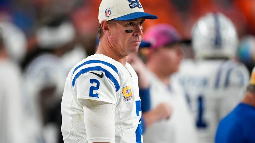 Indianapolis Colts quarterback Matt Ryan (2) watches from the sidelines during the second half of an NFL football game against the Denver Broncos, Thursday, Oct. 6, 2022, in Denver. (AP Photo/David Zalubowski)